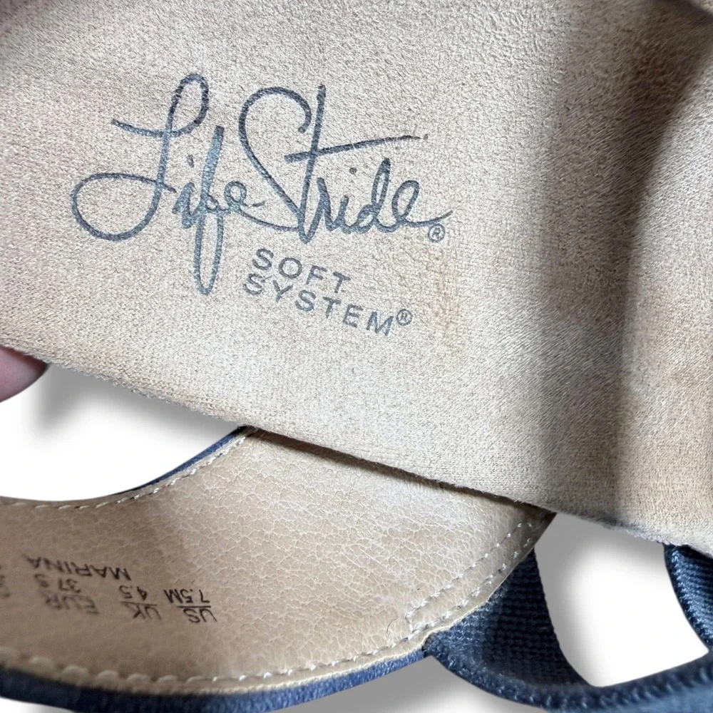 LifeStride Marina Wedge Sandals Blue Fabric Elastic Comfort Size 7.5M
